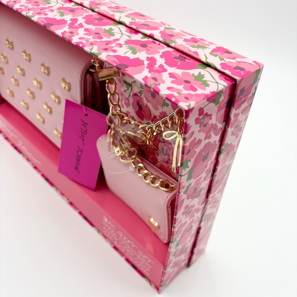 BETSEY JOHNSON Sybil Pink and Gold BOWS Crossbody Bag Wallet Bag Charms Set - Picture 5 of 6
